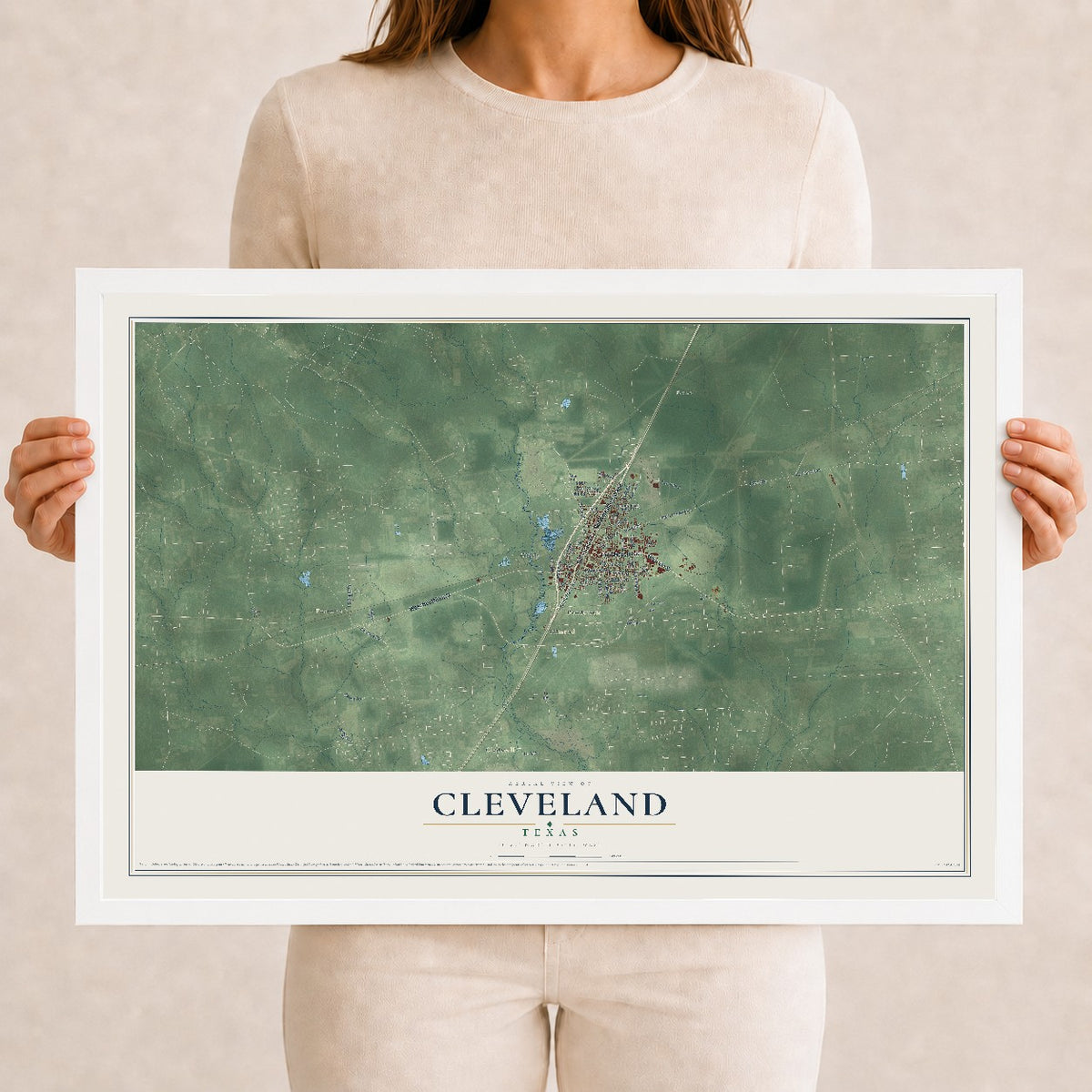 Map of Cleveland, Texas, 12 x 18 inch print in a white wood frame