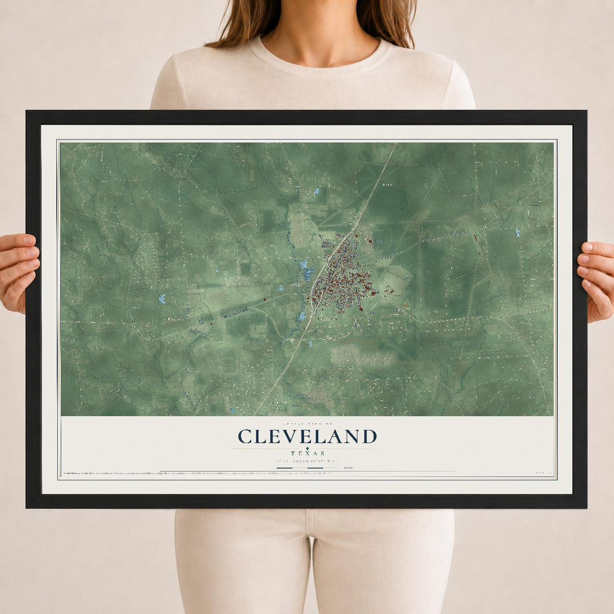 Map of Cleveland, Texas, 18 x 24 inch print in a black wood frame