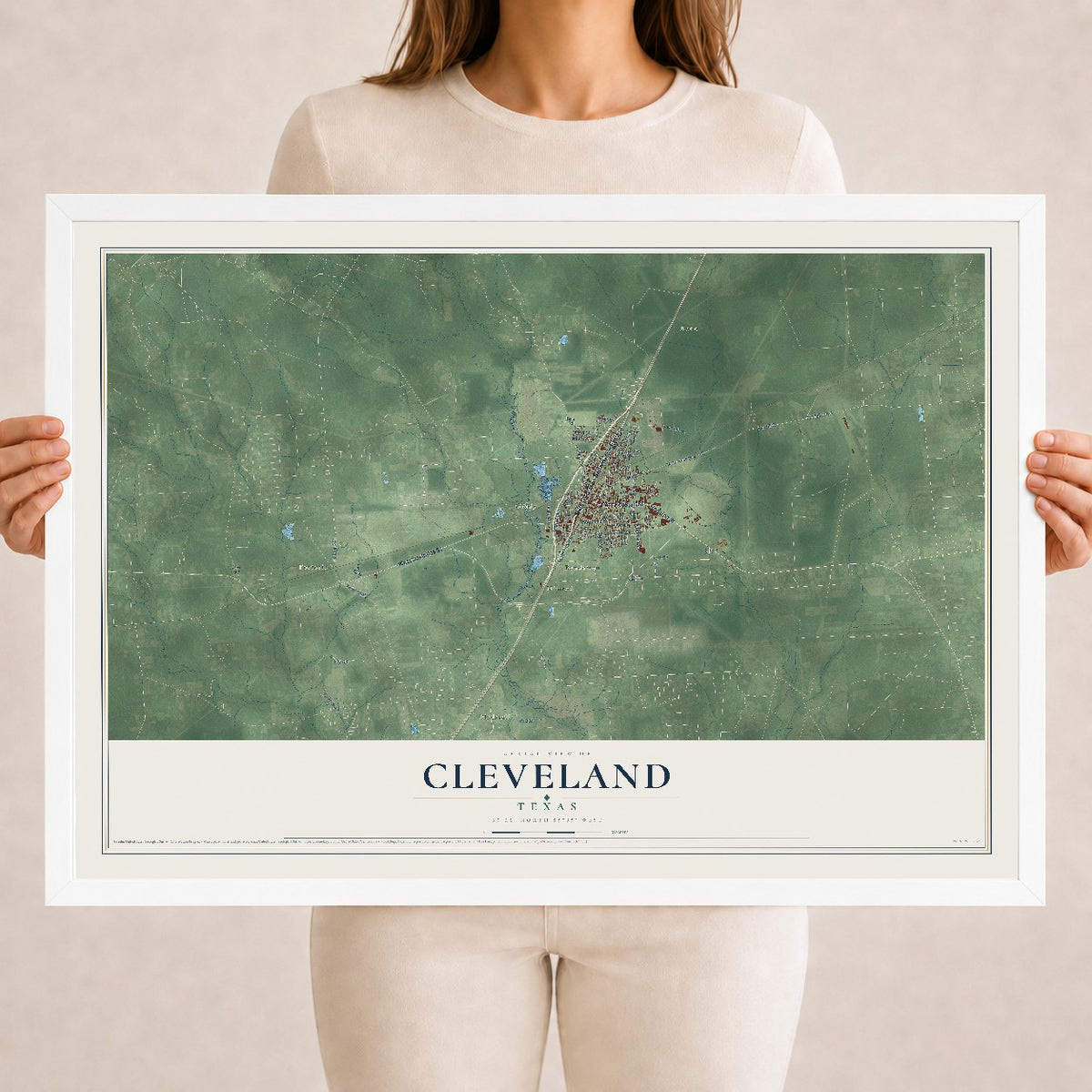 Map of Cleveland, Texas, 18 x 24 inch print in a white wood frame