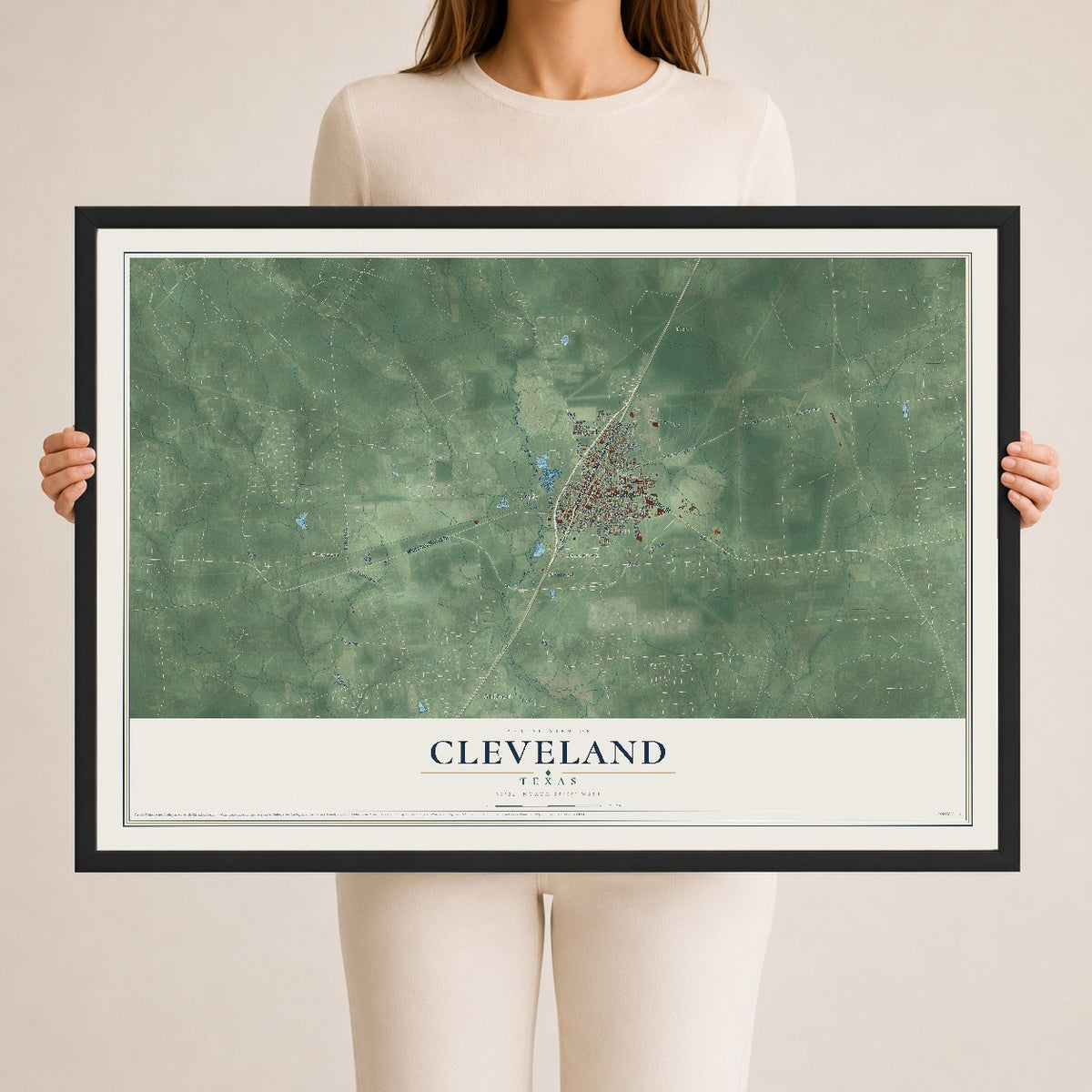 Map of Cleveland, Texas, 24 x 36 inch print in a black wood frame