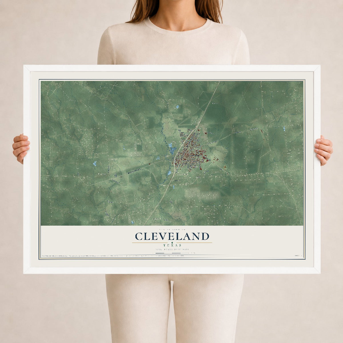 Map of Cleveland, Texas, 24 x 36 inch print in a white wood frame