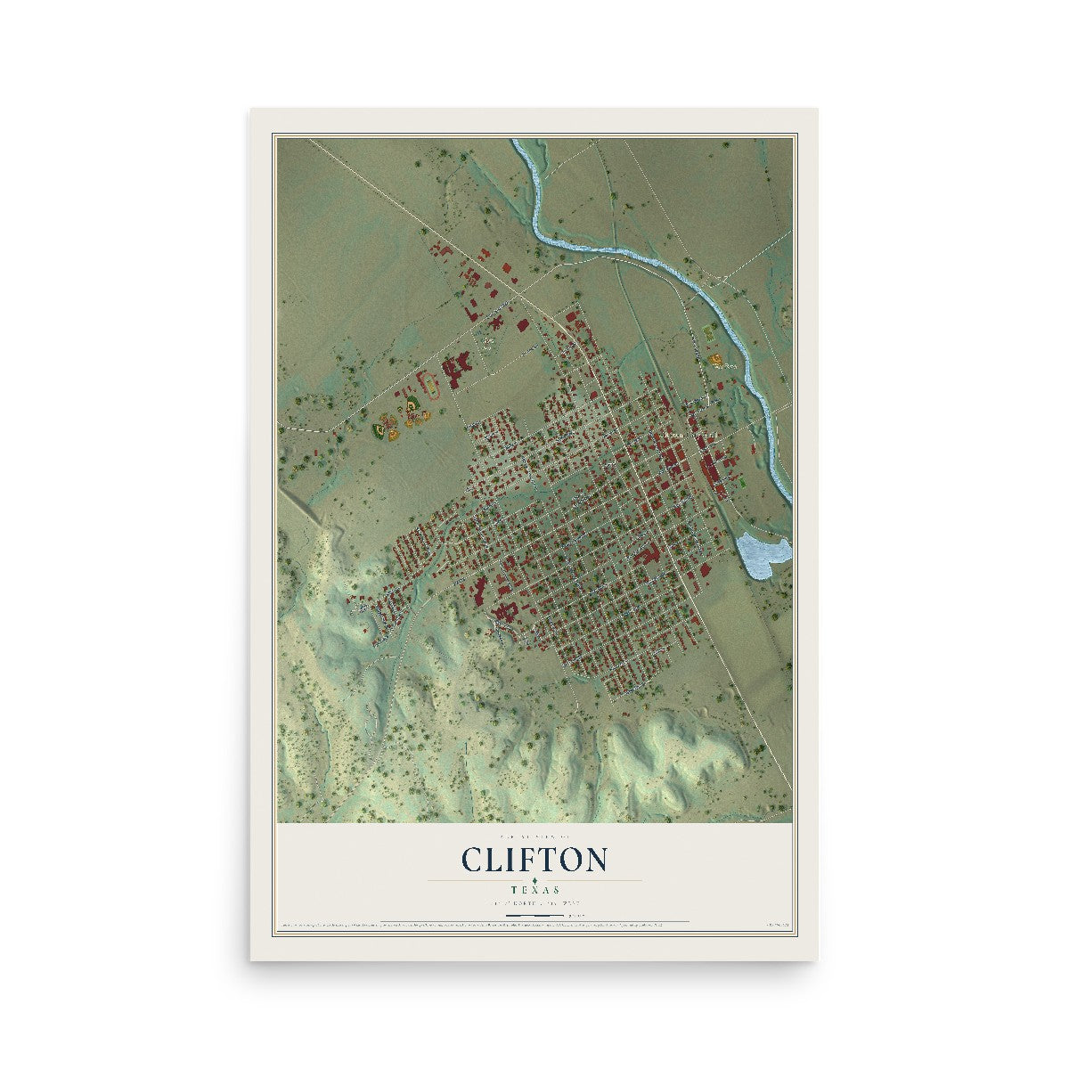 Map of Clifton, Texas, 12 x 18 inch unframed archival matte print