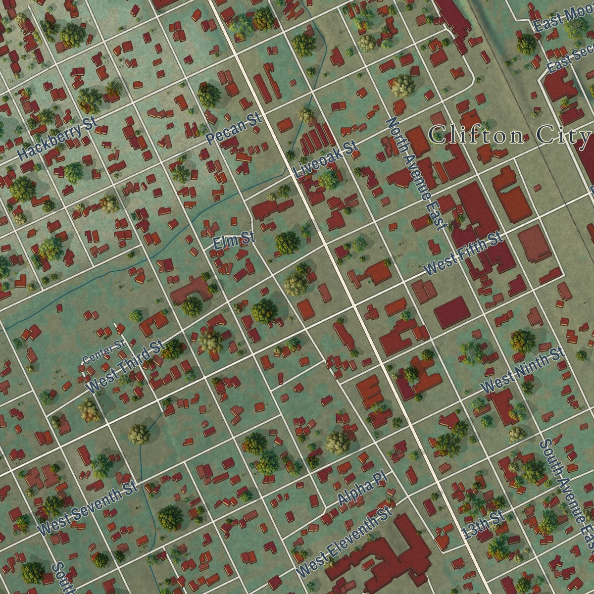 Close-up of the map of Clifton, Texas print showing street and building detail