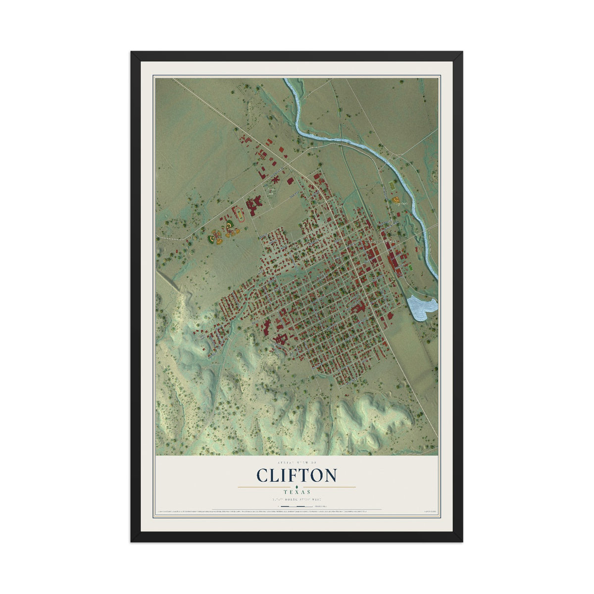 Map of Clifton, Texas, 12 x 18 inch print in a black wood frame
