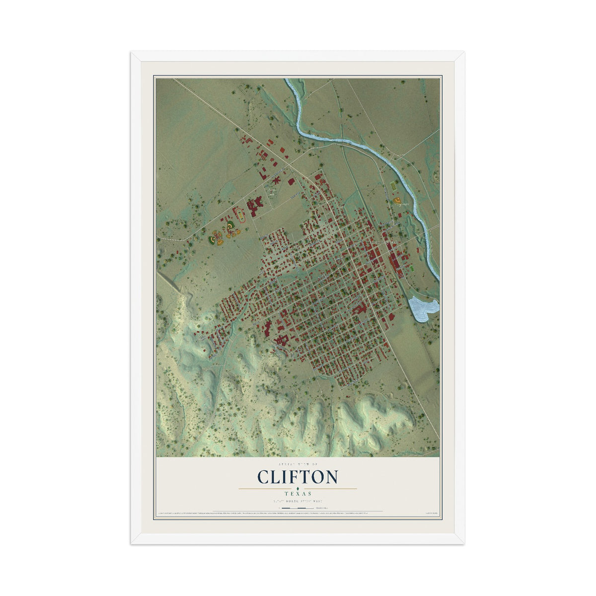 Map of Clifton, Texas, 12 x 18 inch print in a white wood frame