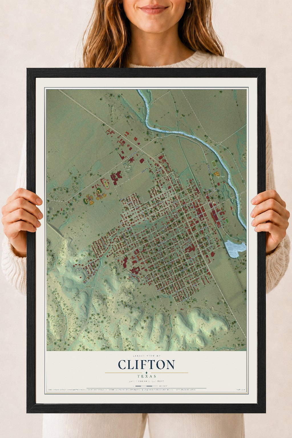 Map of Clifton, Texas, 18 x 24 inch print in a black wood frame