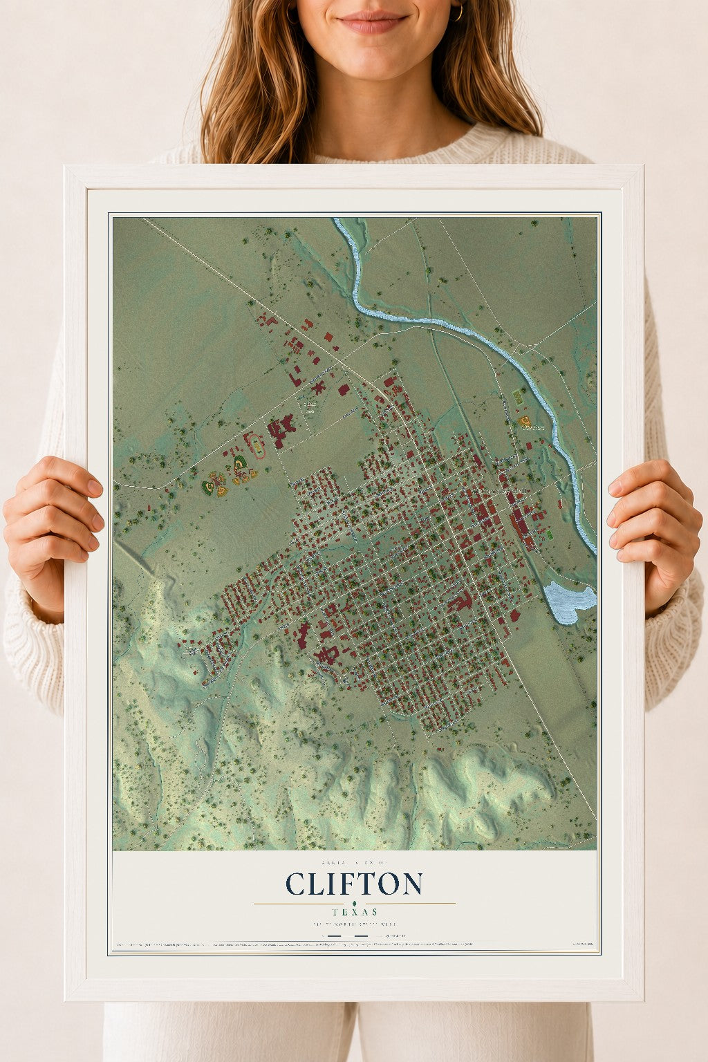 Map of Clifton, Texas, 18 x 24 inch print in a white wood frame