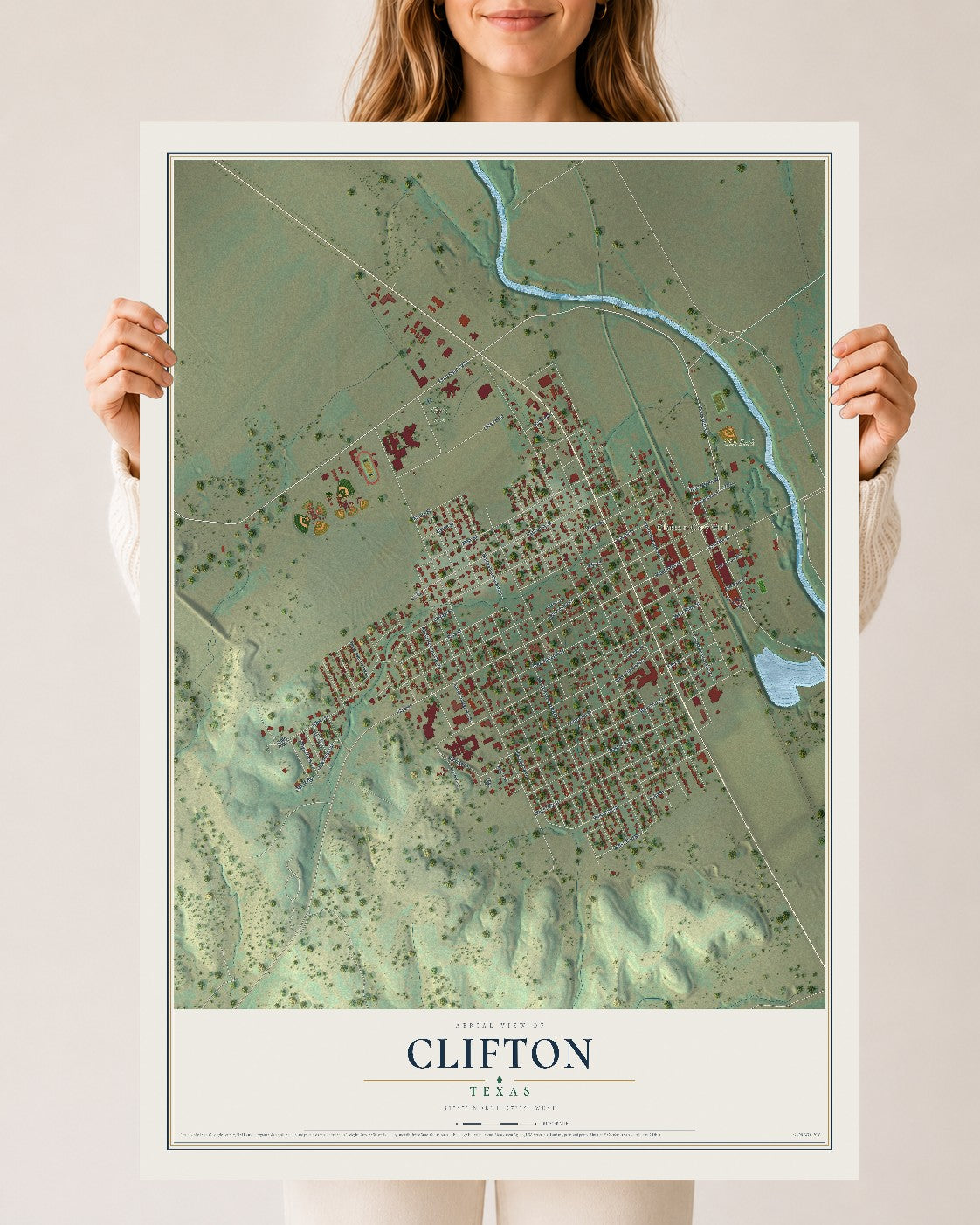 Map of Clifton, Texas, 24 x 36 inch unframed archival matte print