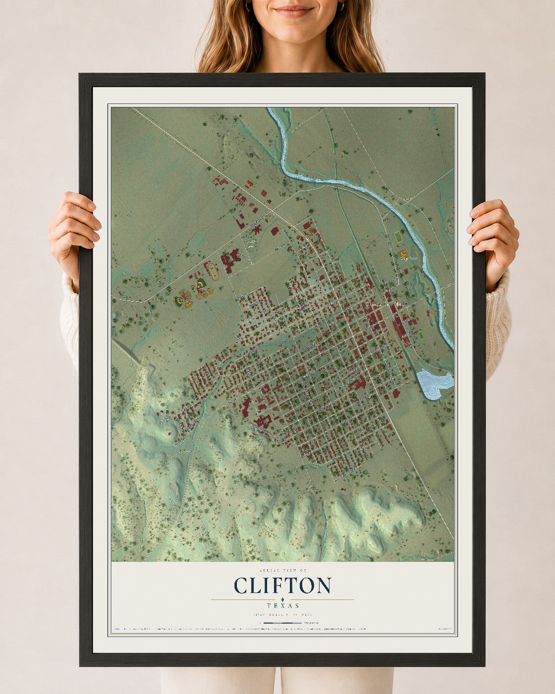 Map of Clifton, Texas, 24 x 36 inch print in a black wood frame