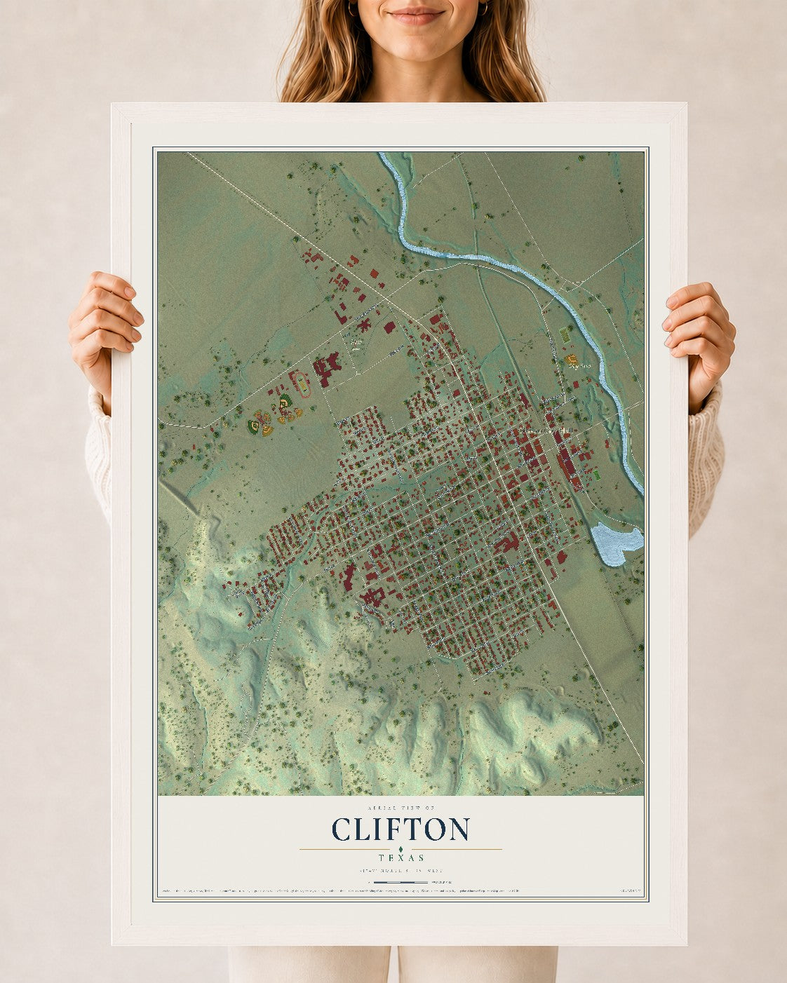 Map of Clifton, Texas, 24 x 36 inch print in a white wood frame