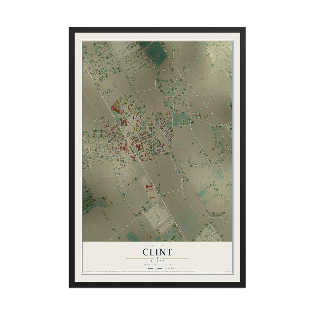 Map of Clint, Texas, 12 x 18 inch print in a black wood frame