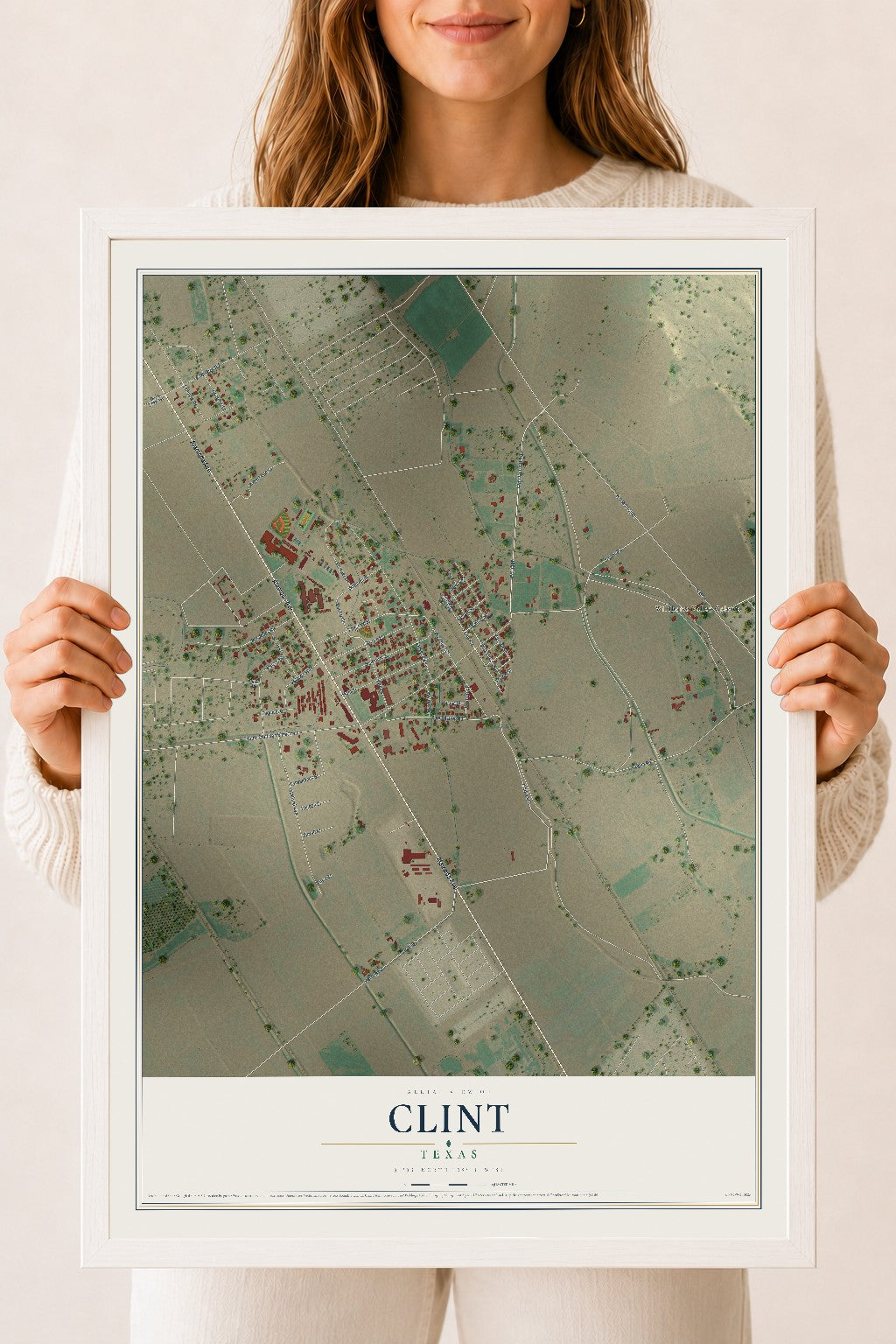 Map of Clint, Texas, 18 x 24 inch print in a white wood frame