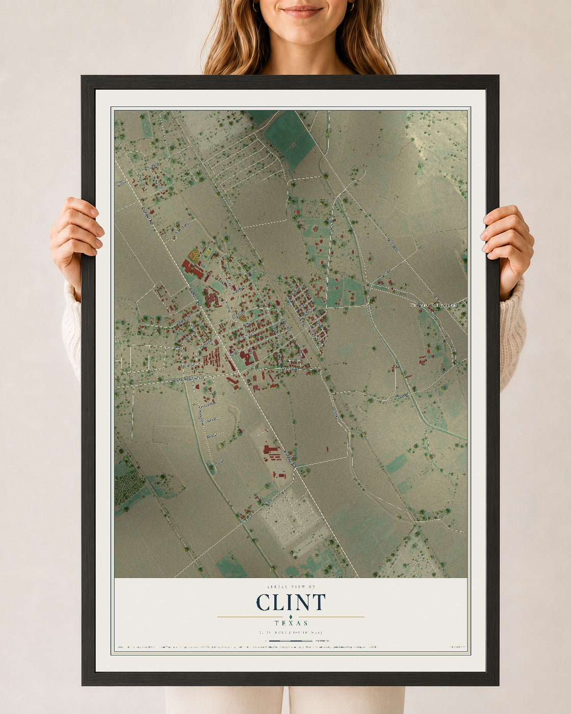 Map of Clint, Texas, 24 x 36 inch print in a black wood frame