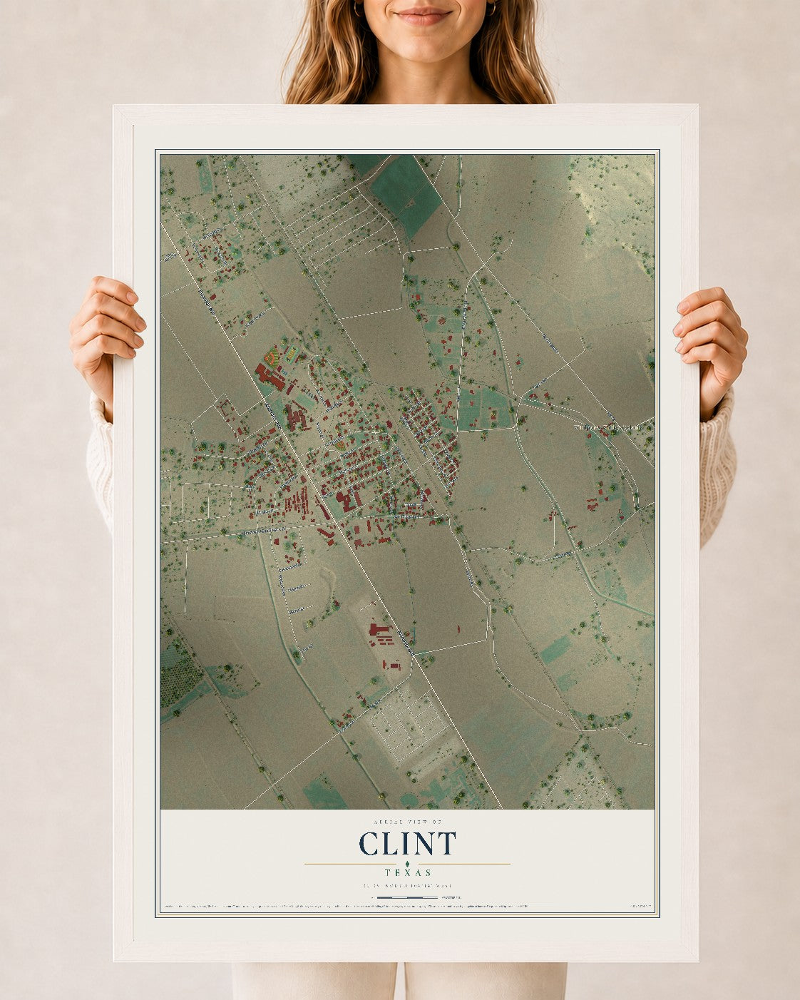 Map of Clint, Texas, 24 x 36 inch print in a white wood frame