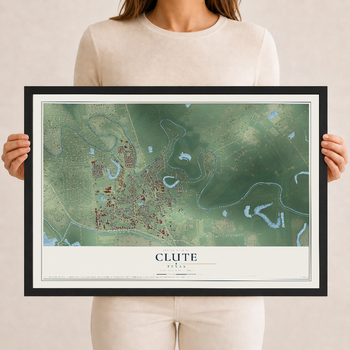 Map of Clute, Texas, 12 x 18 inch print in a black wood frame