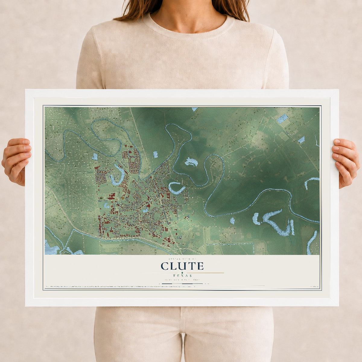 Map of Clute, Texas, 12 x 18 inch print in a white wood frame