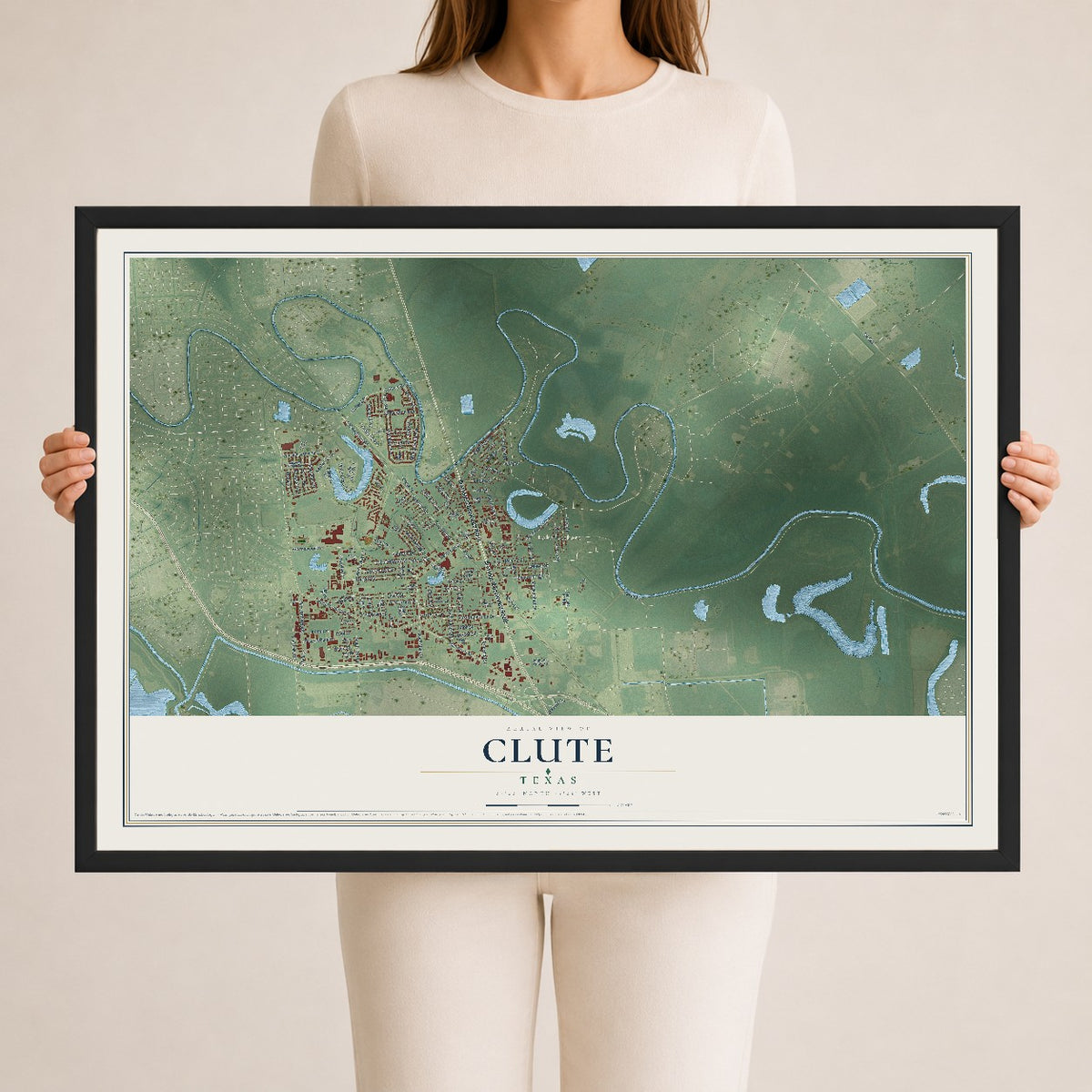 Map of Clute, Texas, 24 x 36 inch print in a black wood frame