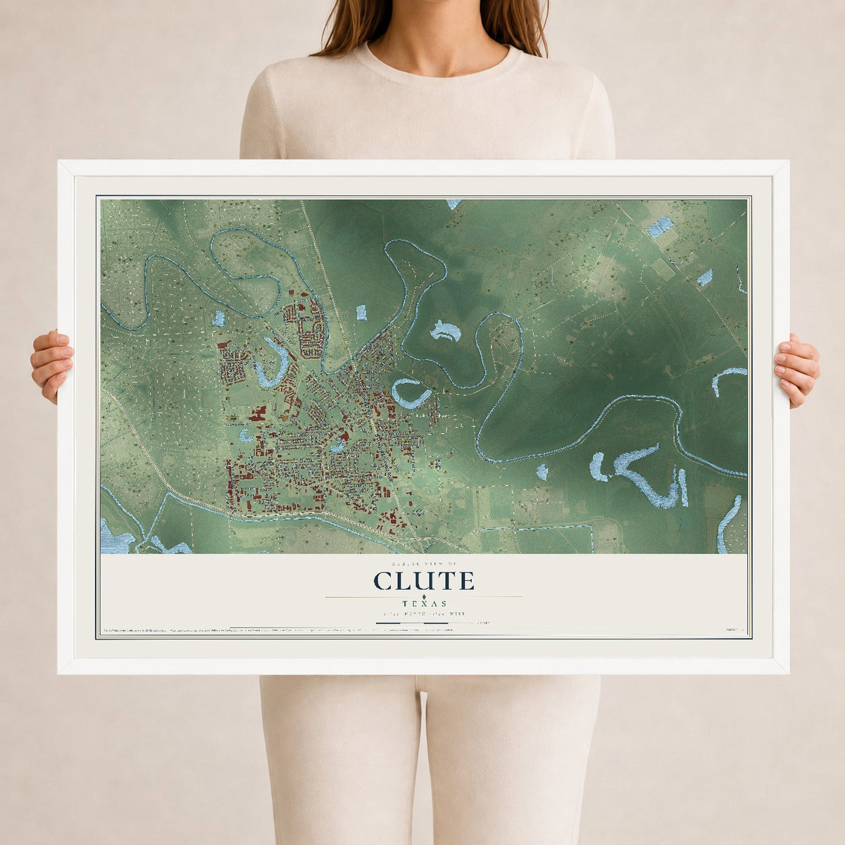 Map of Clute, Texas, 24 x 36 inch print in a white wood frame