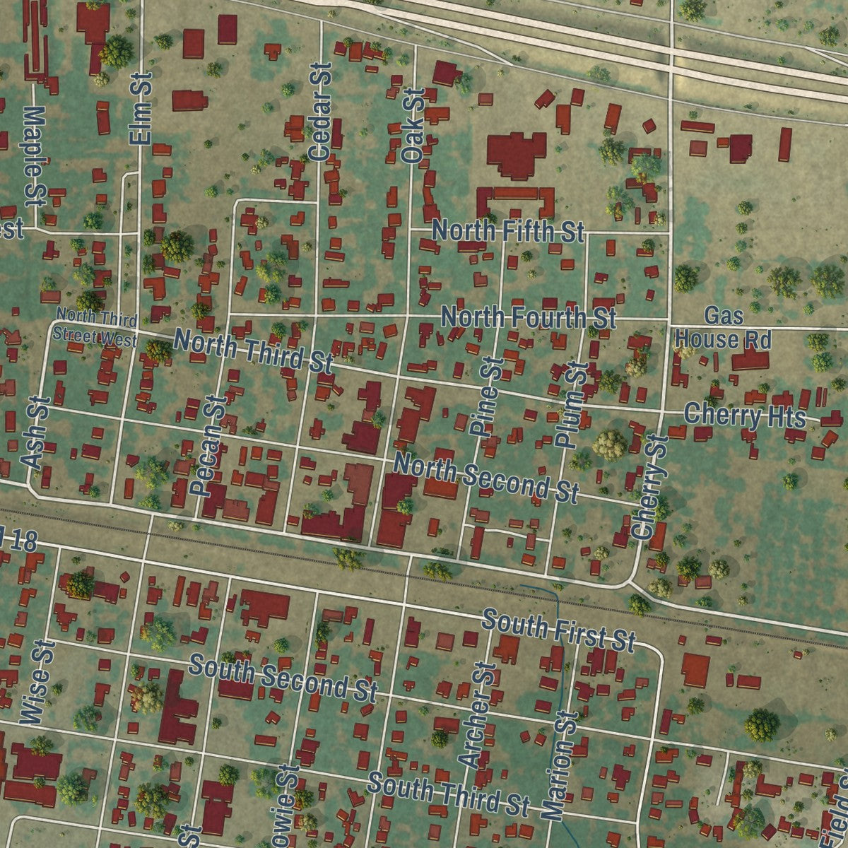 Close-up of the map of Clyde, Texas print showing street and building detail