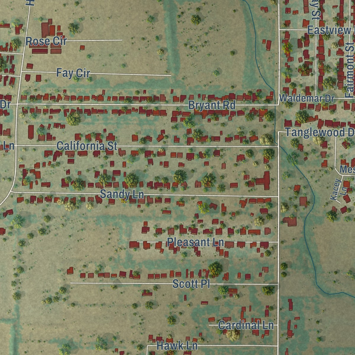 Second close-up of the map of Clyde, Texas print showing more streets and buildings