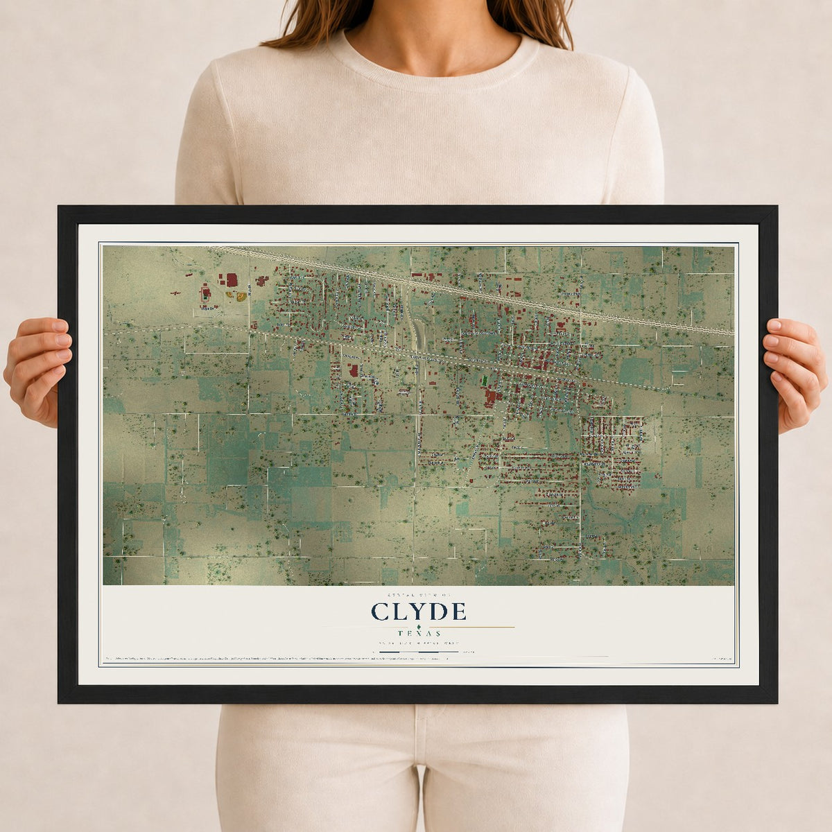 Map of Clyde, Texas, 12 x 18 inch print in a black wood frame