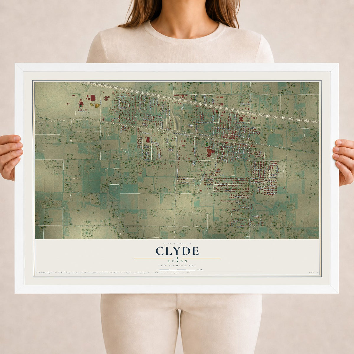 Map of Clyde, Texas, 18 x 24 inch print in a white wood frame