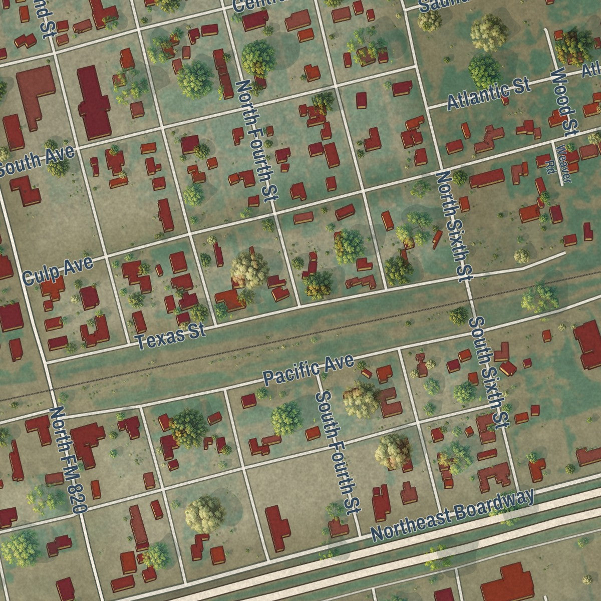 Close-up of the map of Coahoma, Texas print showing street and building detail