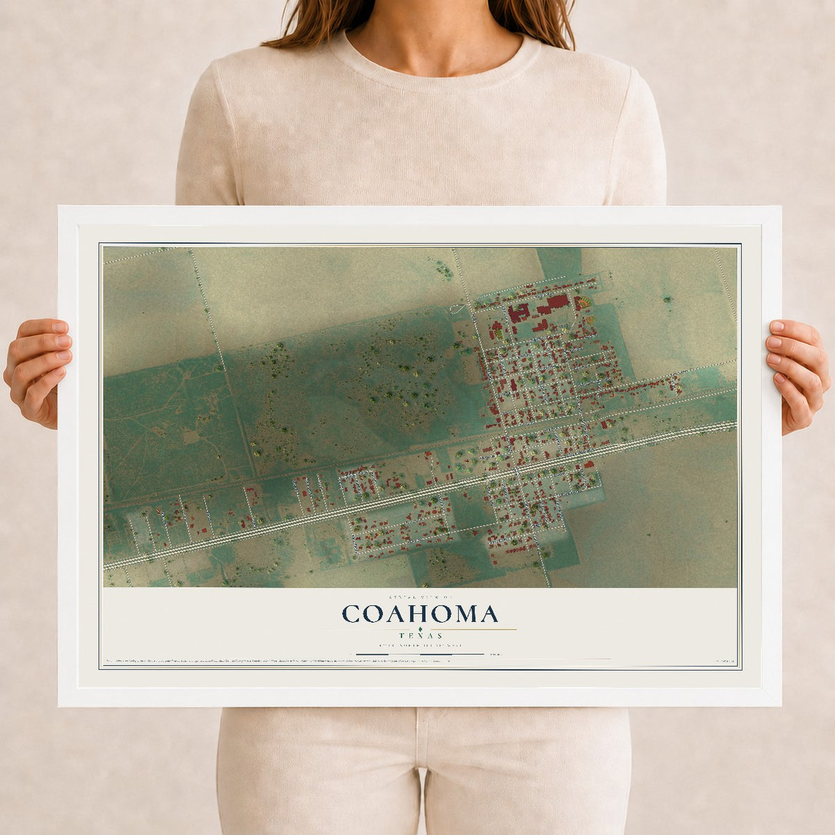 Map of Coahoma, Texas, 12 x 18 inch print in a white wood frame