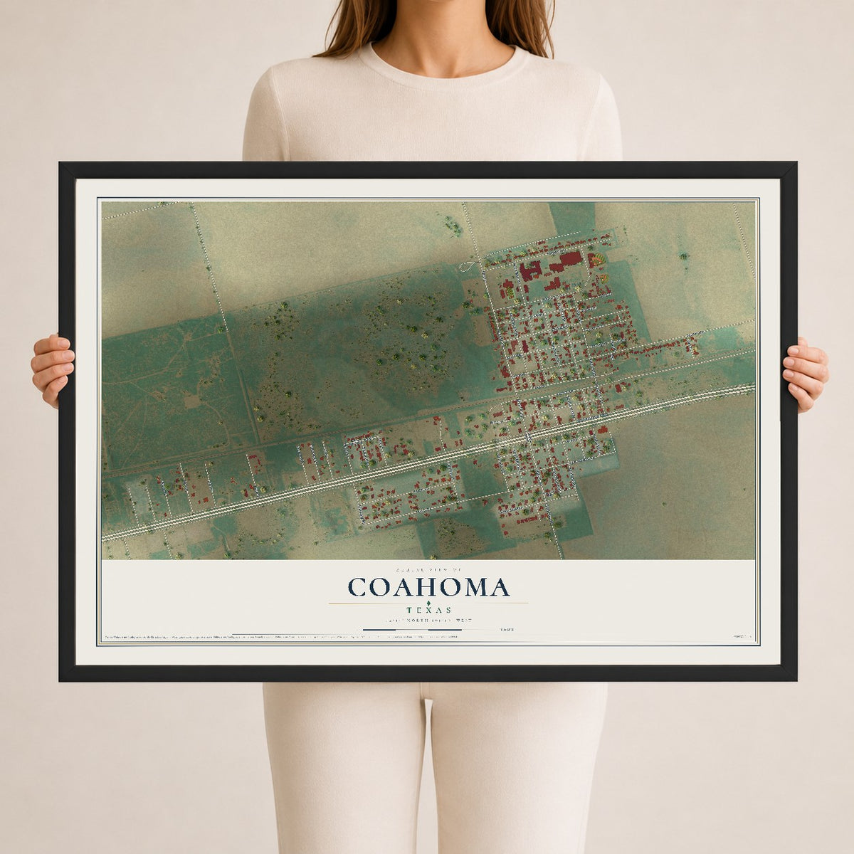 Map of Coahoma, Texas, 24 x 36 inch print in a black wood frame