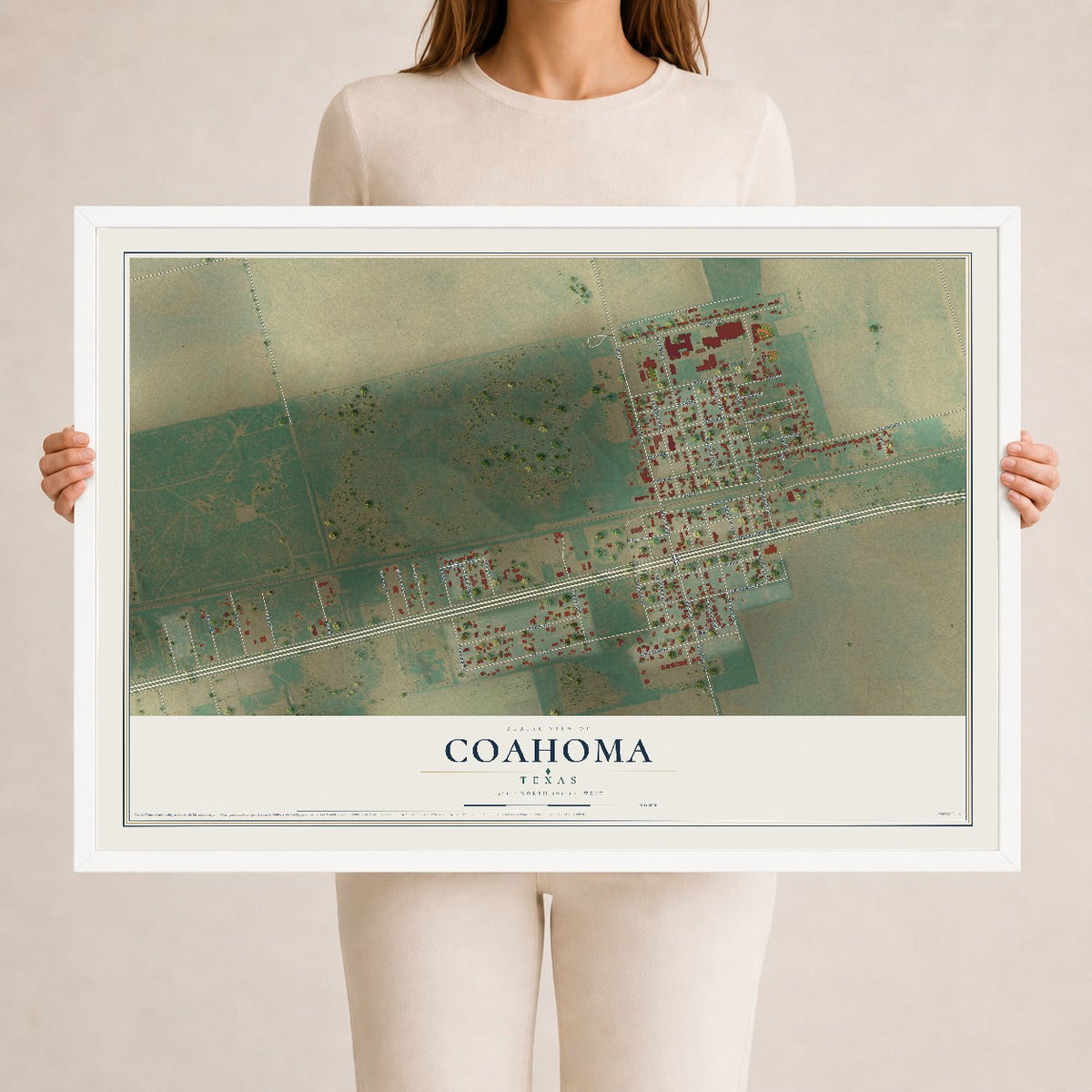 Map of Coahoma, Texas, 24 x 36 inch print in a white wood frame