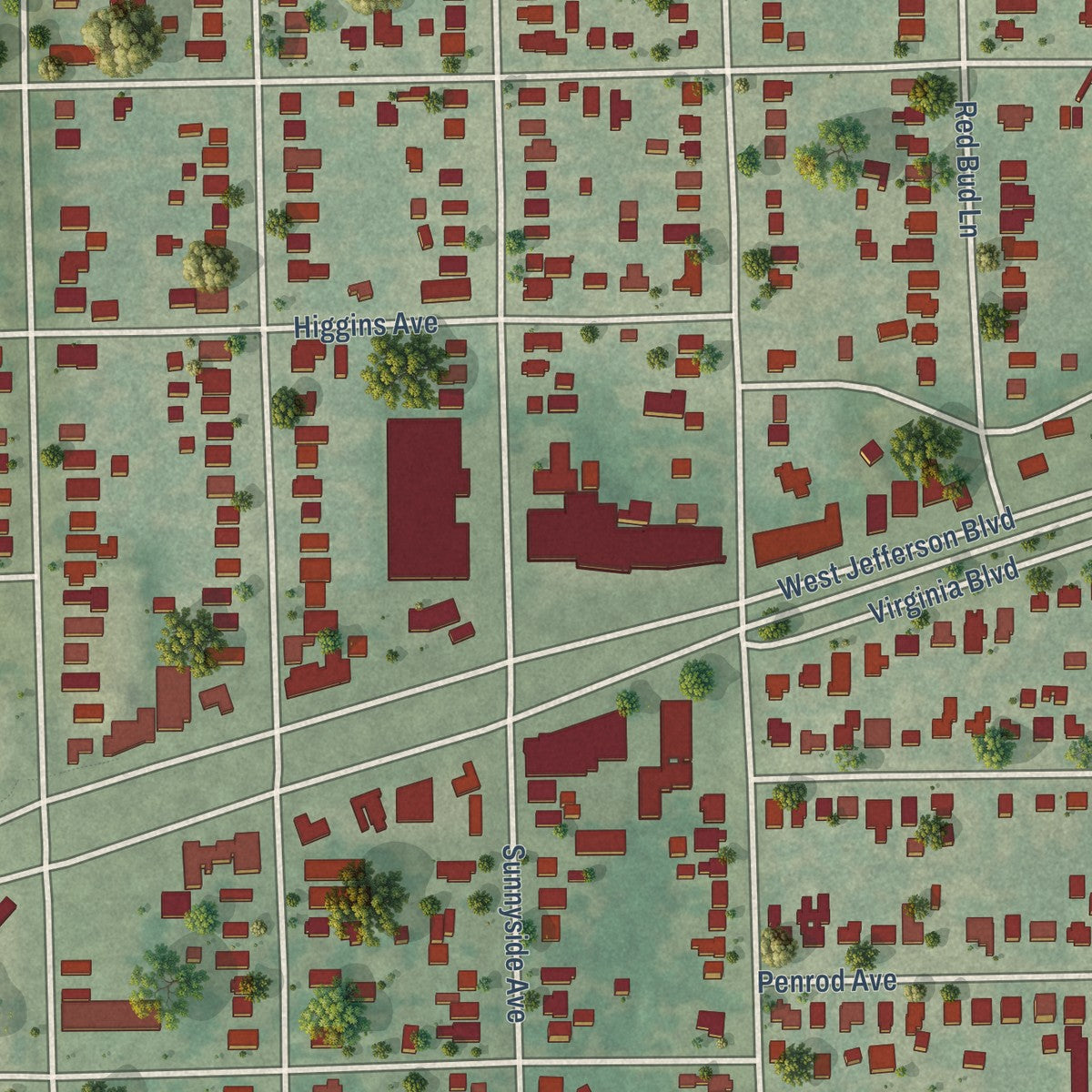 Close-up of the map of Cockrell Hill, Texas print showing street and building detail