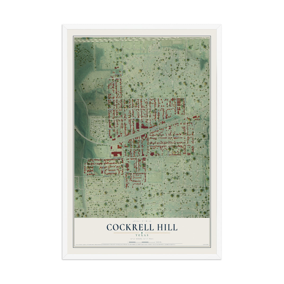 Map of Cockrell Hill, Texas, 12 x 18 inch print in a white wood frame