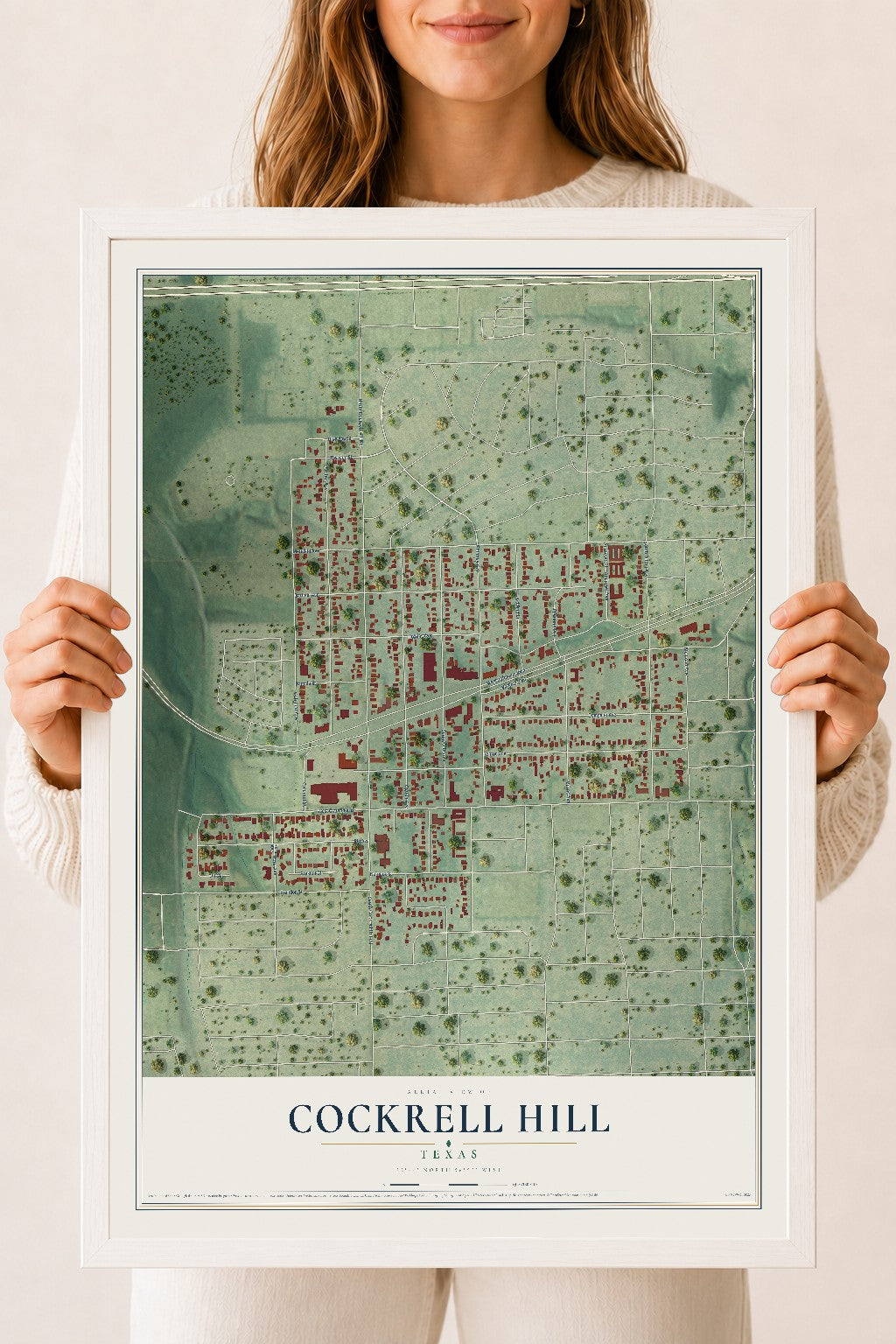 Map of Cockrell Hill, Texas, 18 x 24 inch print in a white wood frame