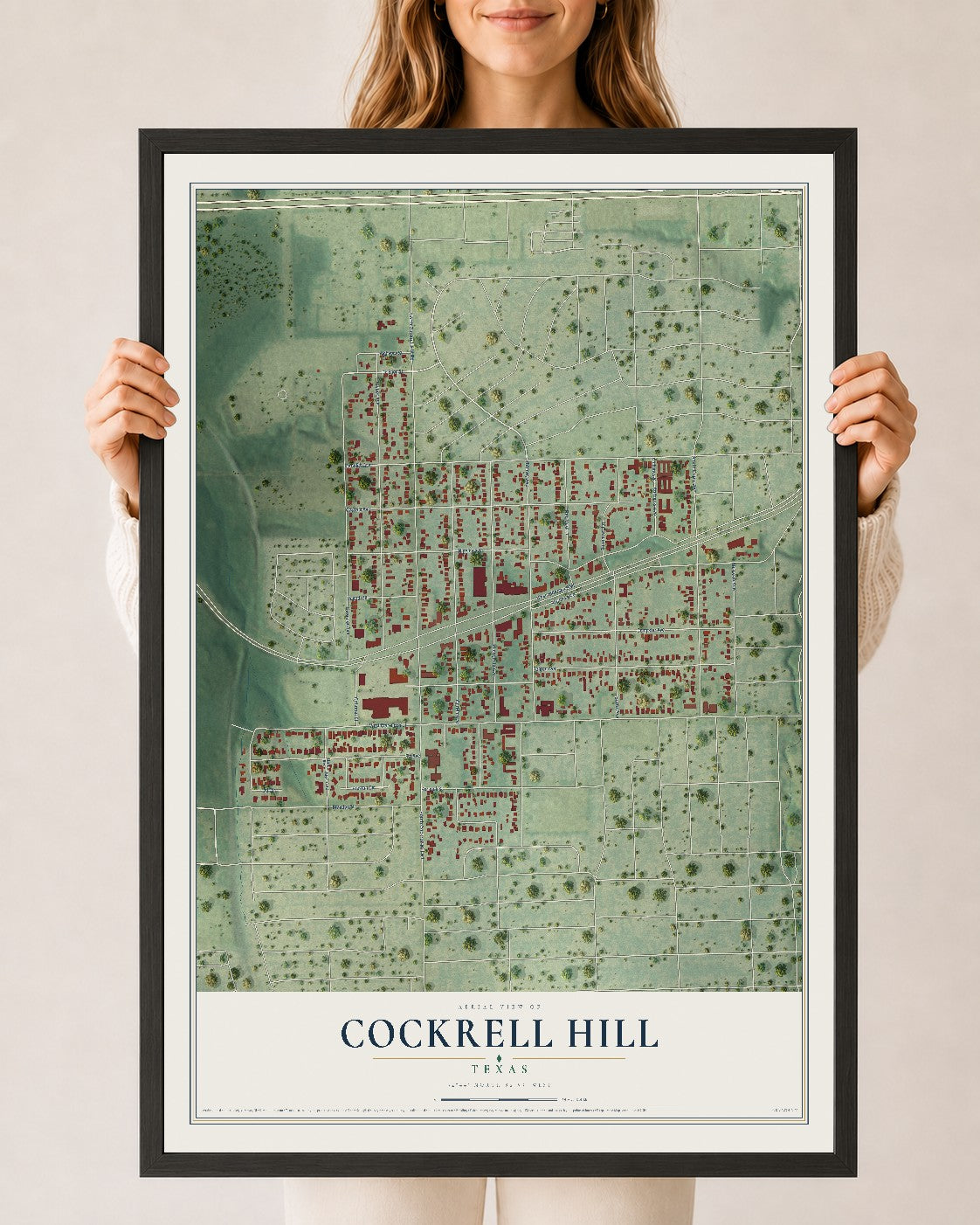 Map of Cockrell Hill, Texas, 24 x 36 inch print in a black wood frame