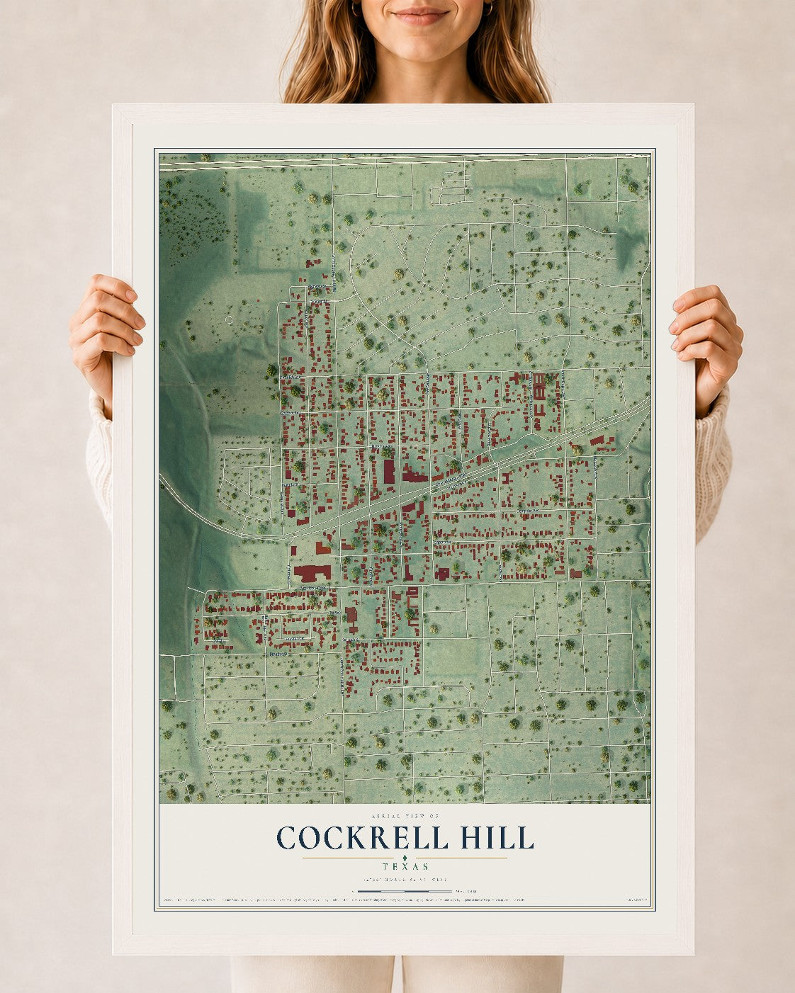 Map of Cockrell Hill, Texas, 24 x 36 inch print in a white wood frame