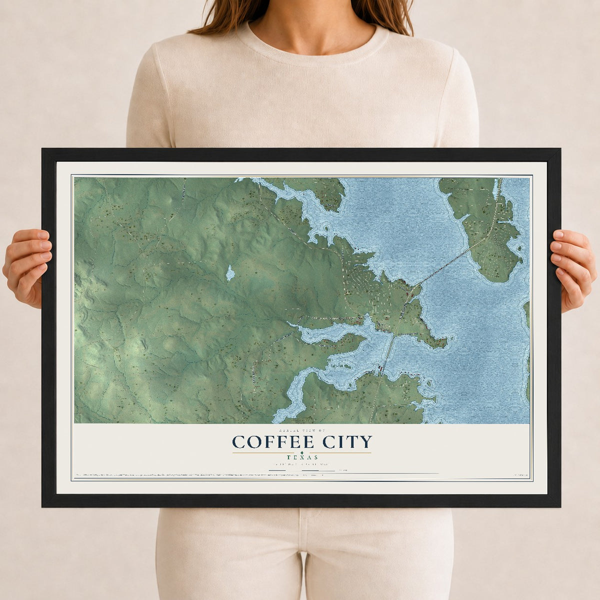 Map of Coffee City, Texas, 12 x 18 inch print in a black wood frame