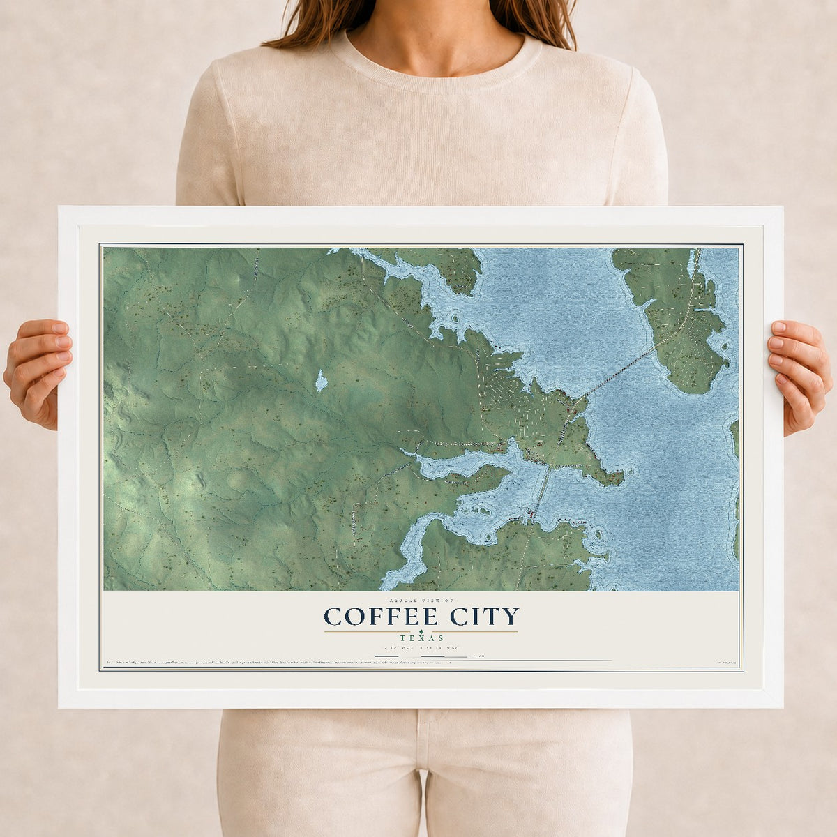 Map of Coffee City, Texas, 12 x 18 inch print in a white wood frame