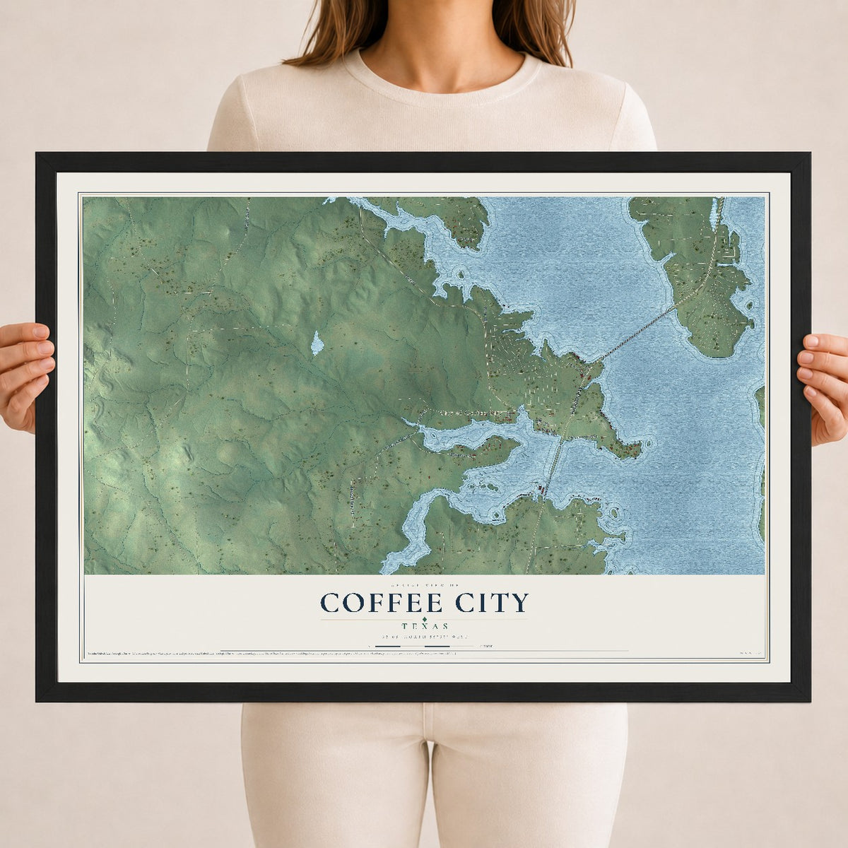 Map of Coffee City, Texas, 18 x 24 inch print in a black wood frame