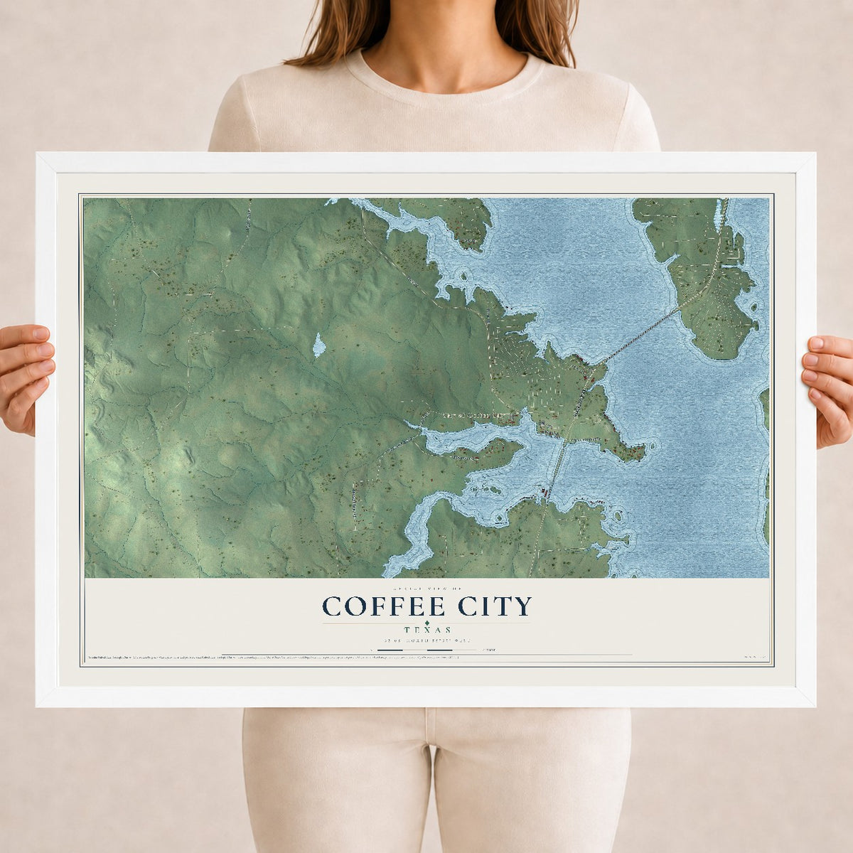 Map of Coffee City, Texas, 18 x 24 inch print in a white wood frame