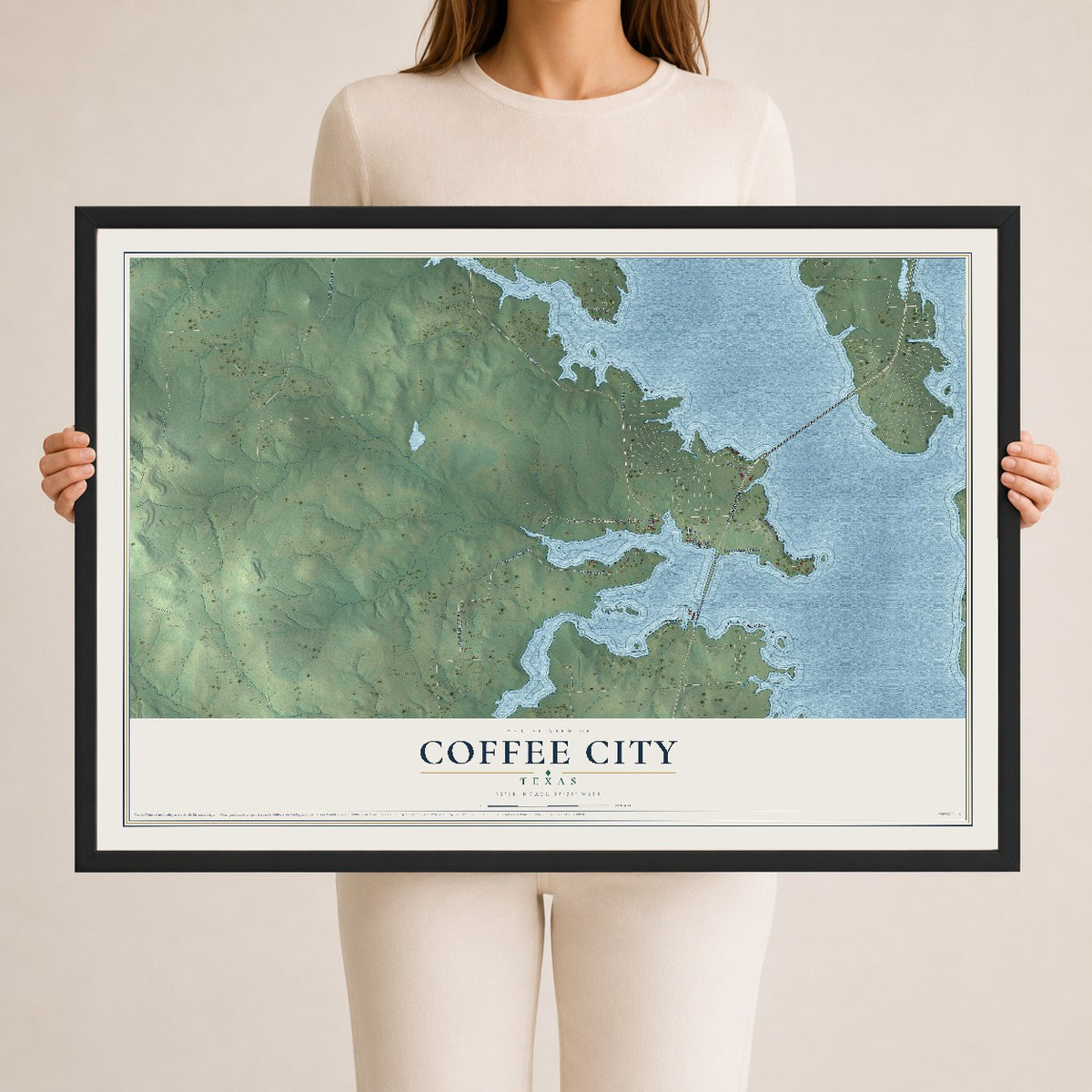 Map of Coffee City, Texas, 24 x 36 inch print in a black wood frame