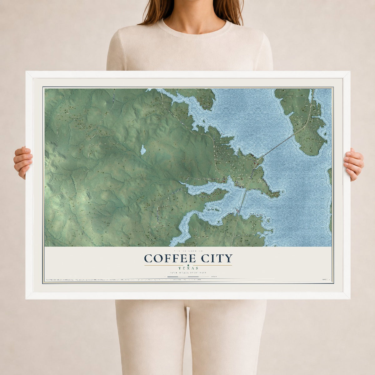 Map of Coffee City, Texas, 24 x 36 inch print in a white wood frame