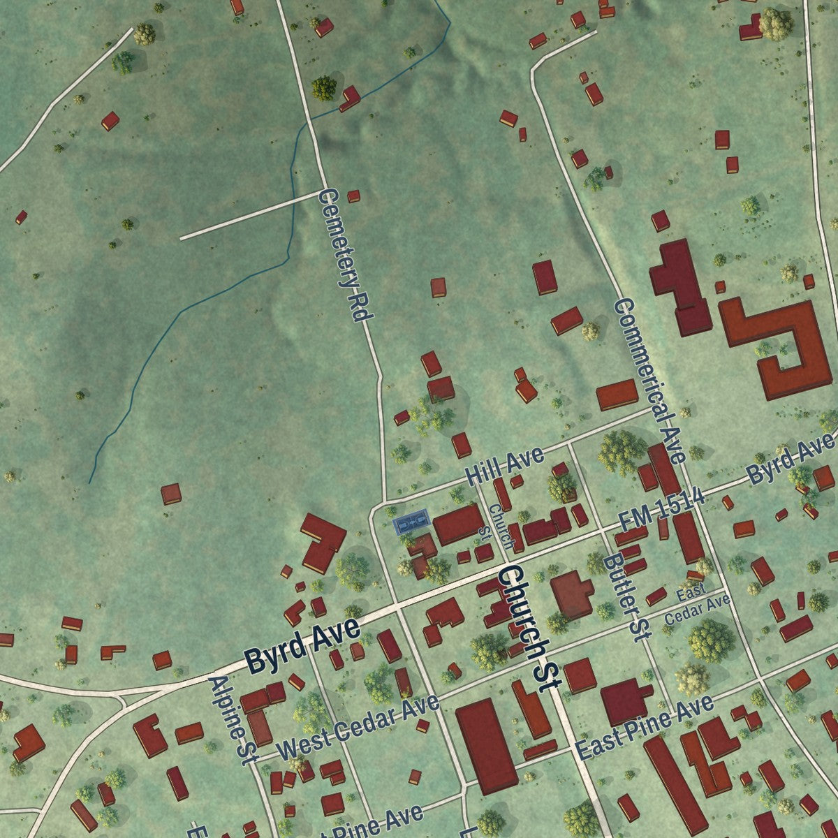 Close-up of the map of Coldspring, Texas print showing street and building detail