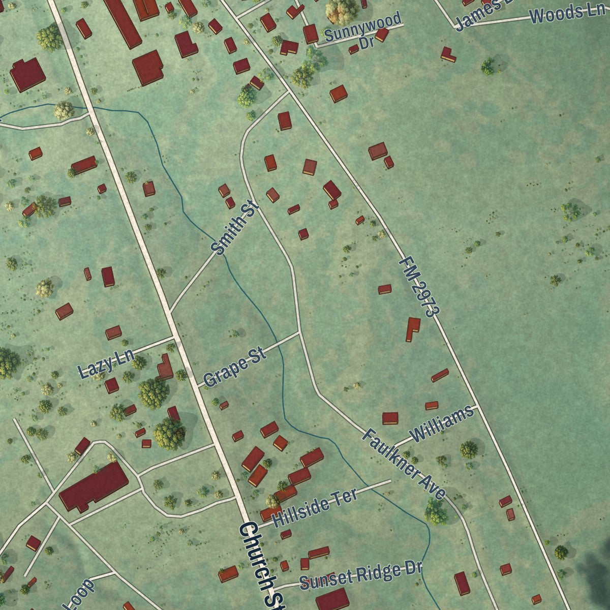 Second close-up of the map of Coldspring, Texas print showing more streets and buildings