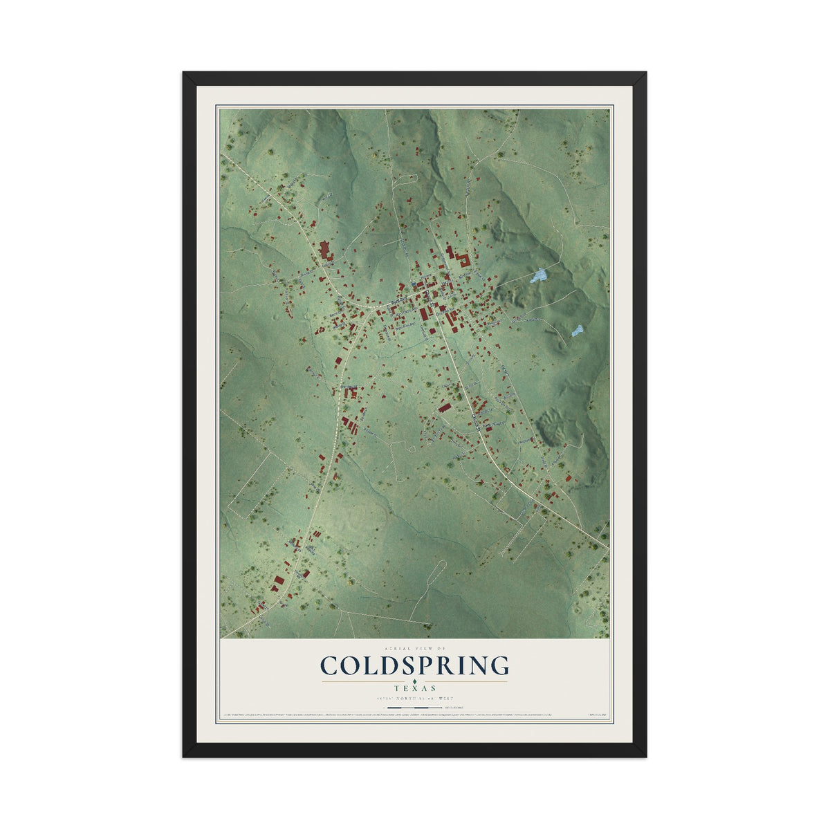 Map of Coldspring, Texas, 12 x 18 inch print in a black wood frame