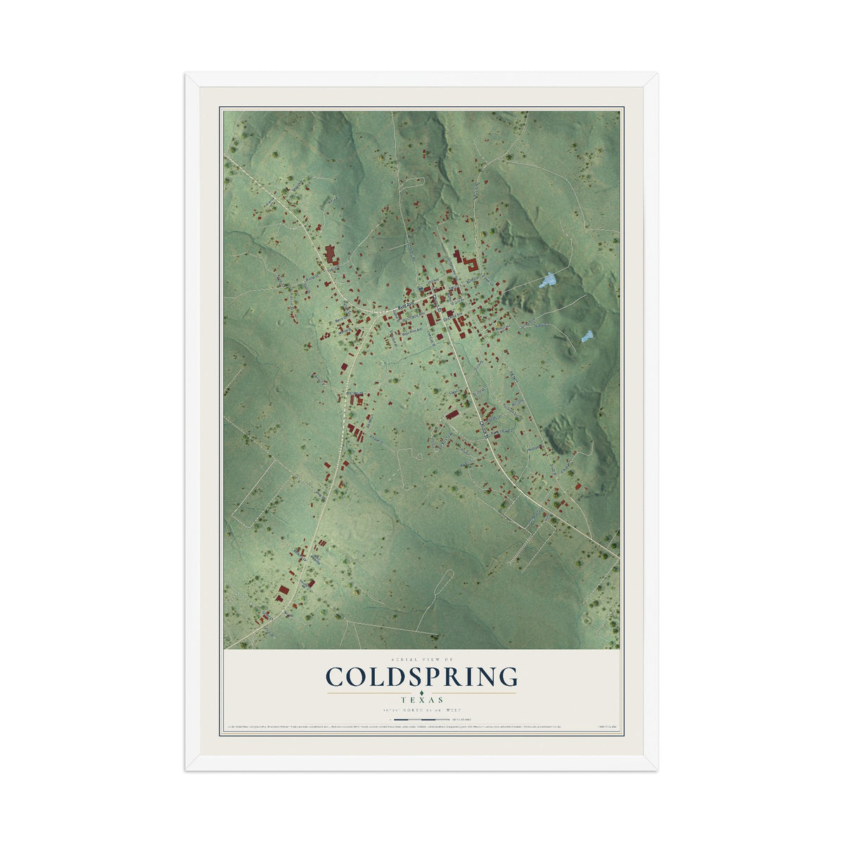 Map of Coldspring, Texas, 12 x 18 inch print in a white wood frame