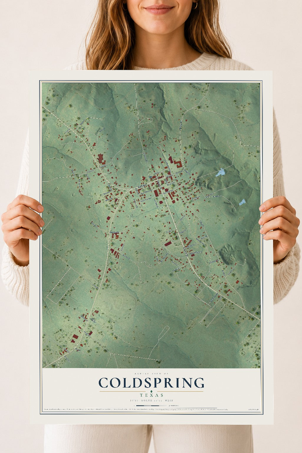 Map of Coldspring, Texas, 18 x 24 inch unframed archival matte print