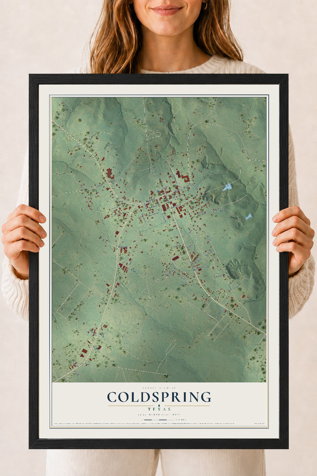 Map of Coldspring, Texas, 18 x 24 inch print in a black wood frame