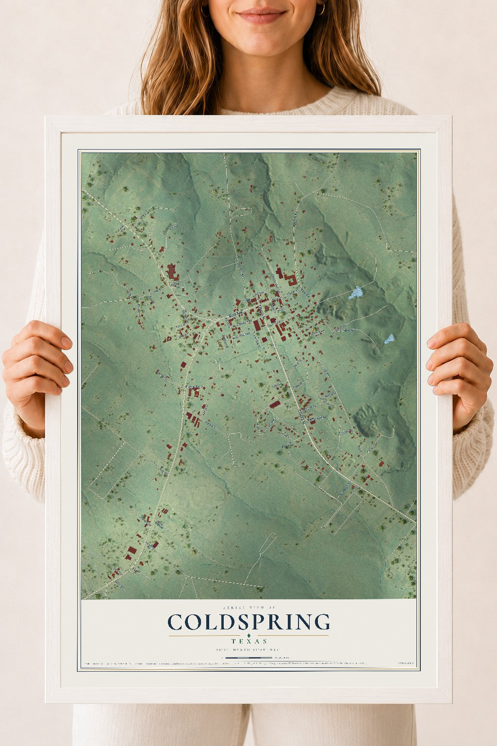Map of Coldspring, Texas, 18 x 24 inch print in a white wood frame