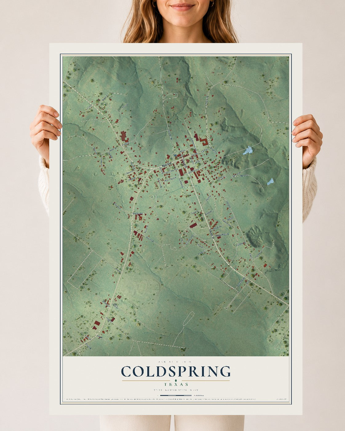 Map of Coldspring, Texas, 24 x 36 inch unframed archival matte print