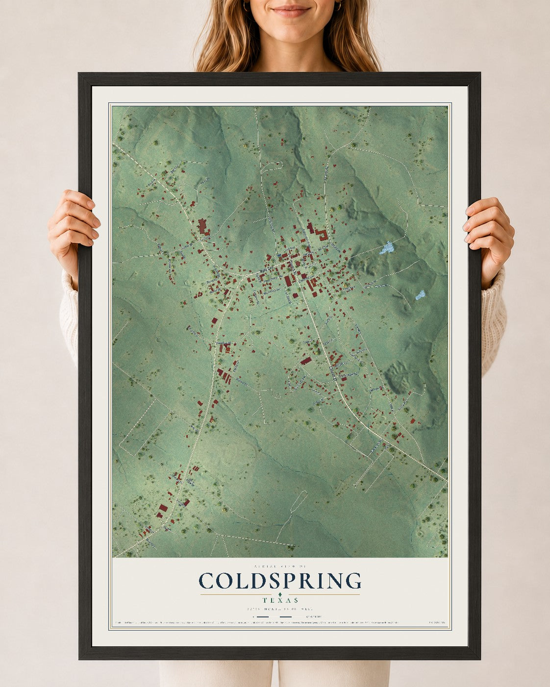 Map of Coldspring, Texas, 24 x 36 inch print in a black wood frame